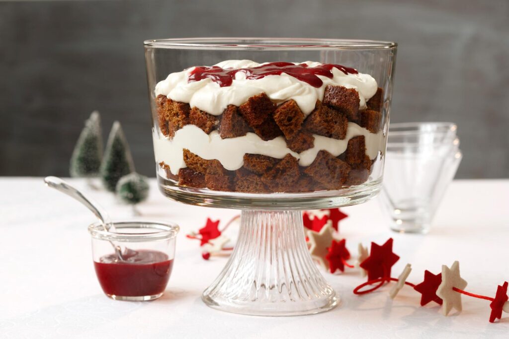 Gingerbread Trifle with Lemon Curd and Raspberry Sauce