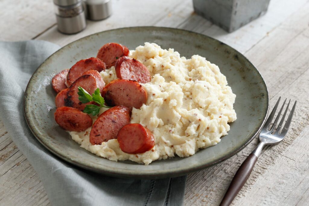 Mustard Mashed Potatoes with Kielbasa Sausage