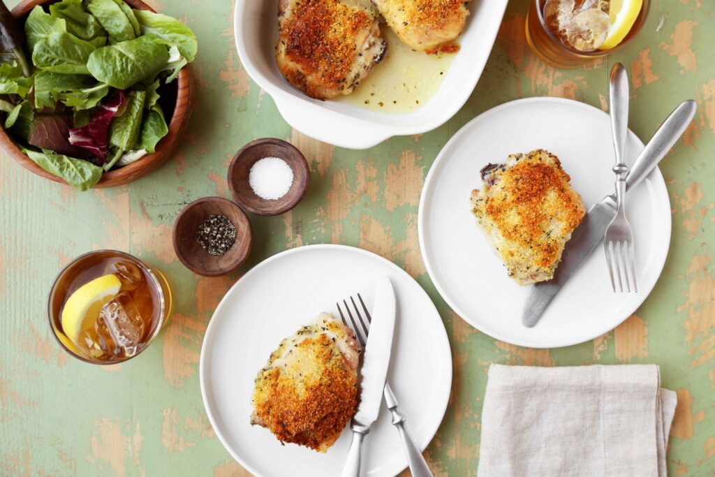 Chicken Thighs with Potato Parmesan Crust