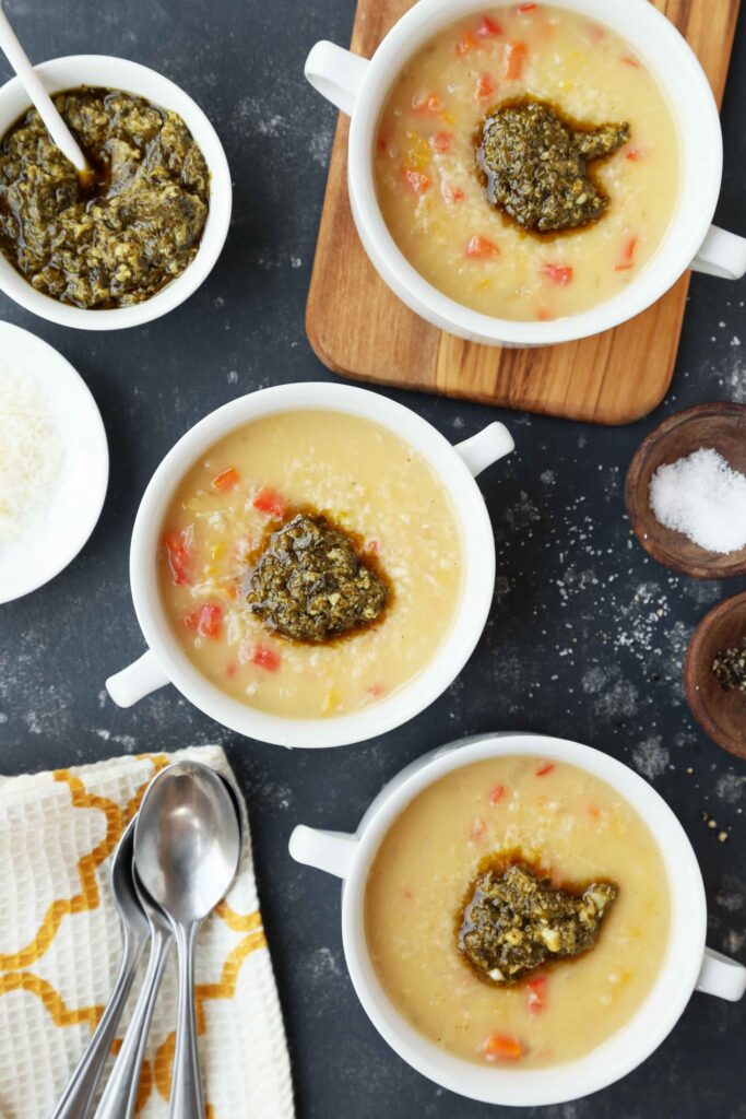 Roasted Garlic and Parmesan Potato Soup with Peppers, Carrots and Pesto