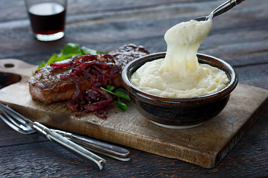 Idahoan Aligot Mashed potatoes with steak