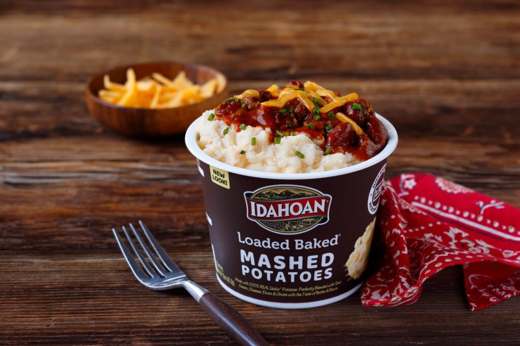 Idahoan Loaded Baked Mashed Potatoes Cups with Chili & Cheese