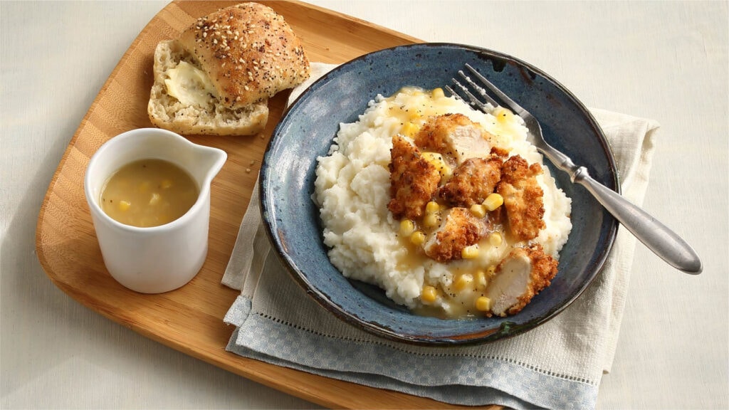 Mashed Potatoes with Crispy Chicken and Corn Gravy