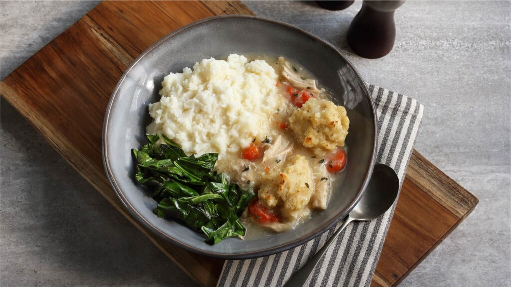 Chicken and Dumplings with Mashed Potatoes and Collard Greens