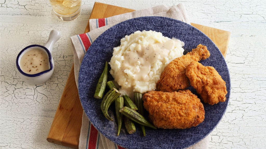 Mashed Potatoes with Country Gravy and Fried Chicken