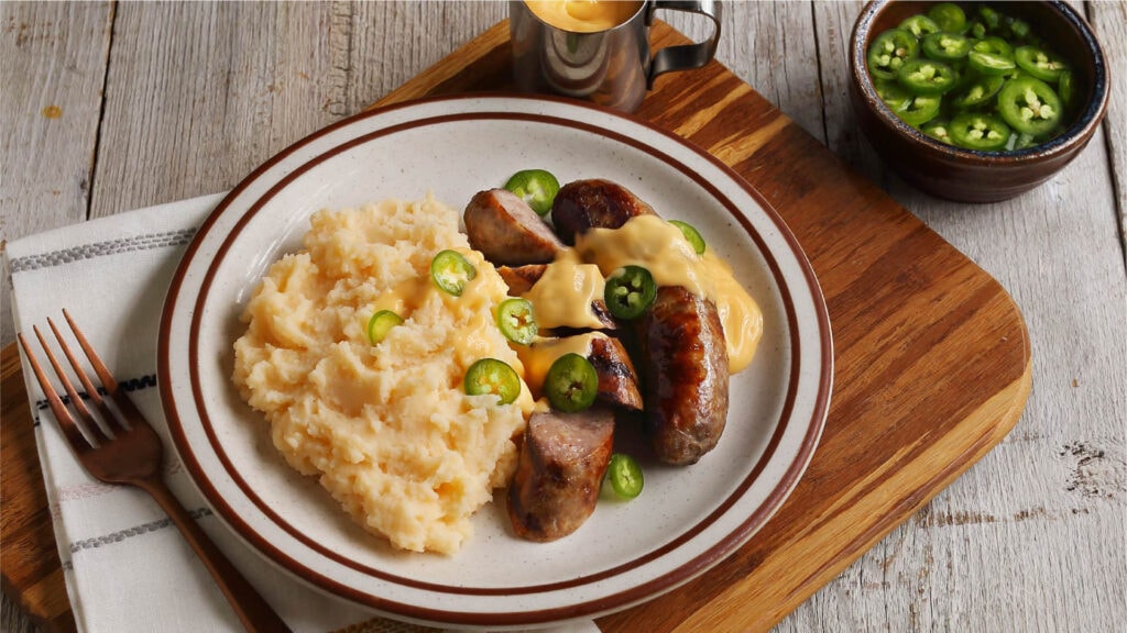 Mashed Potatoes with Cheesy Brats and Jalapeño