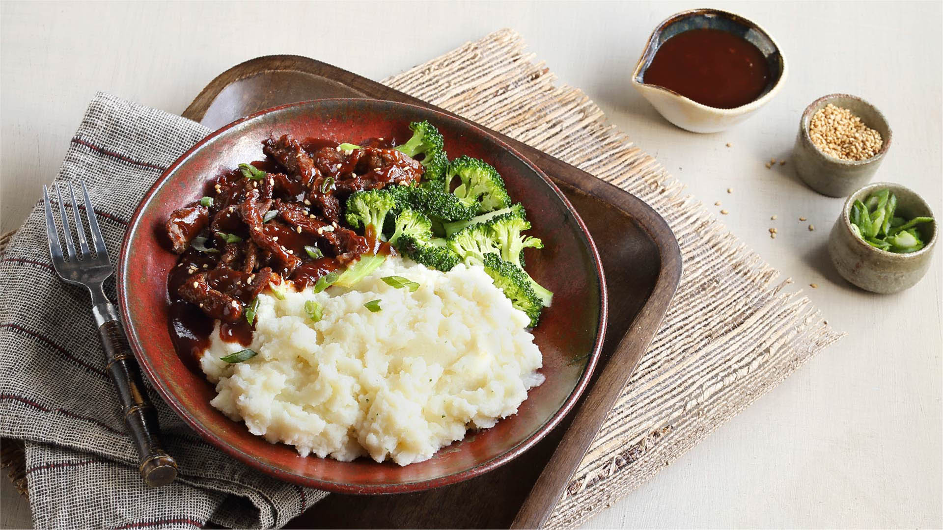 Mashed Potatoes with Mongolian Beef and Broccoli