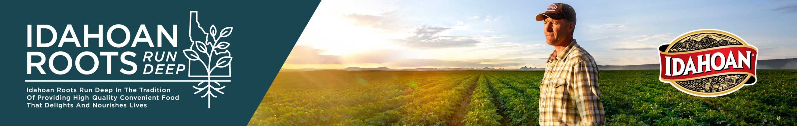 Logo - Idahoan roots run deep in the tradition of providing high quality convenient food that delights and nourishes lives. A farmer in a potato field.